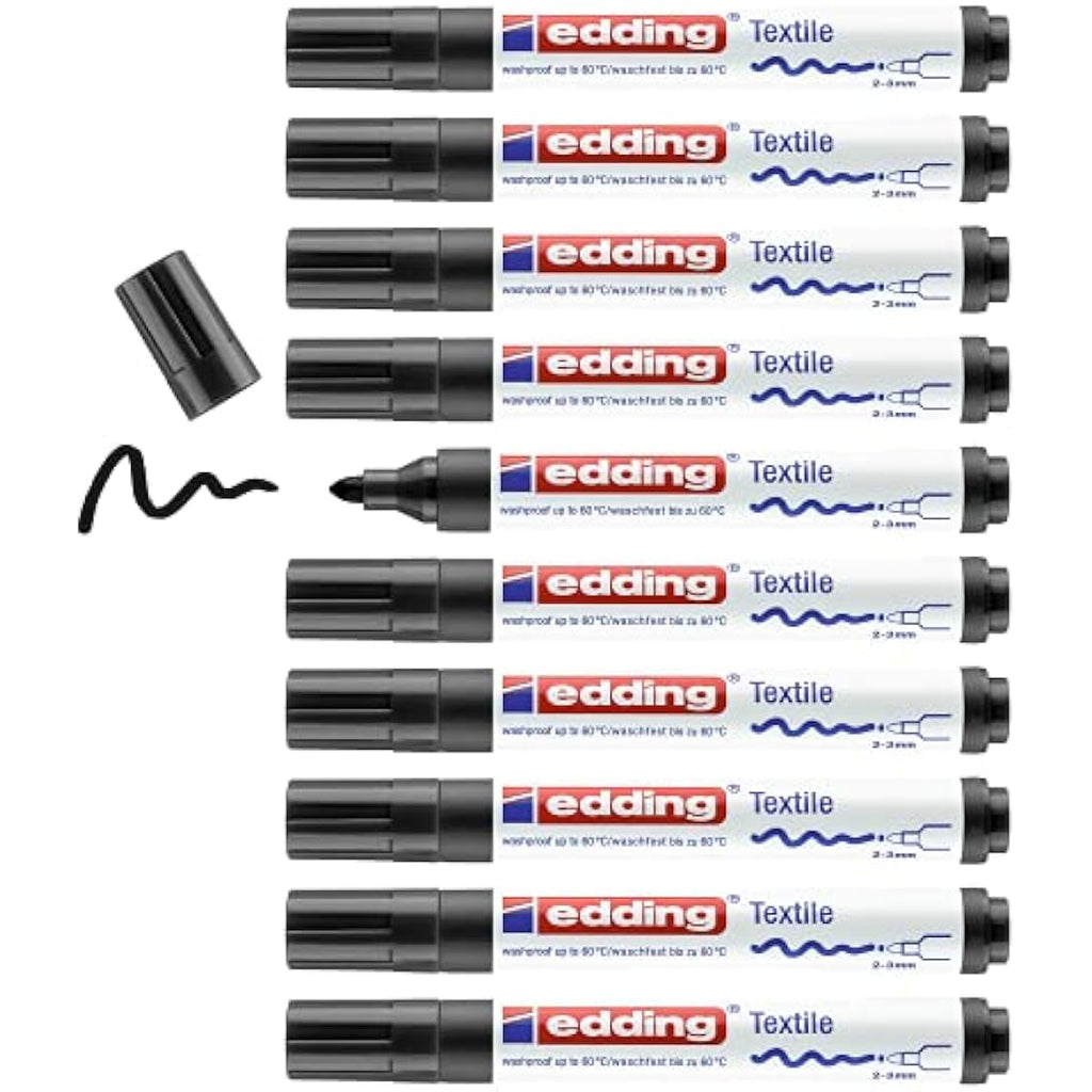 Edding 4500 Textile Markers | Black Fabric Pens | 2-3mm Round Nib | 10 Pack
