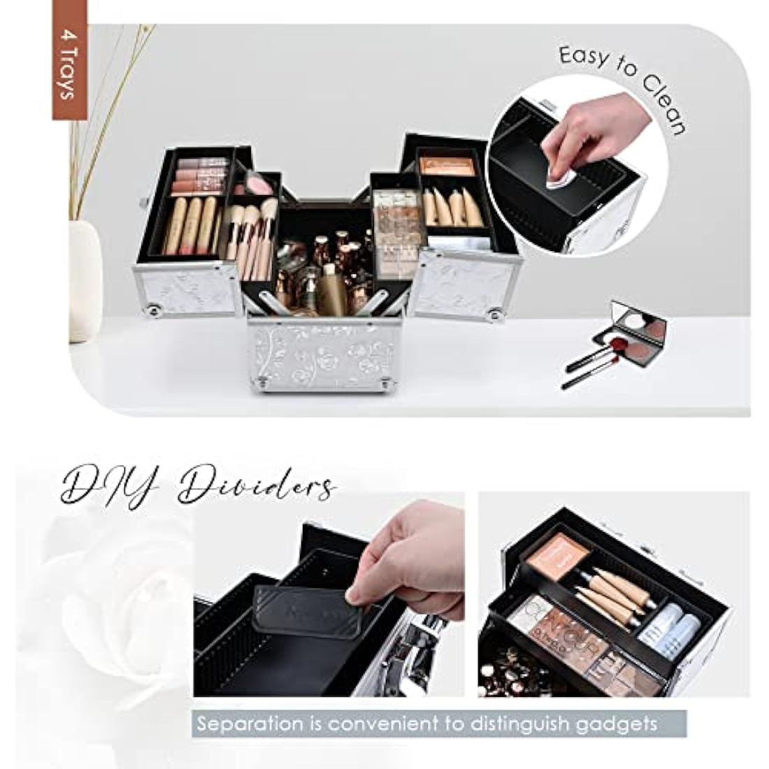 Jolof Store Makeup Train Case | Silver Rose Aluminum Beauty Box