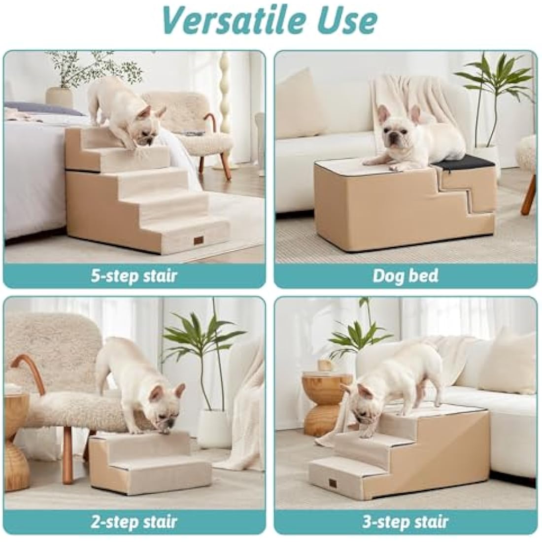 COZY KISS 5-Tier Wide Dog Stairs | Foldable Non-Slip Pet Steps for Bed