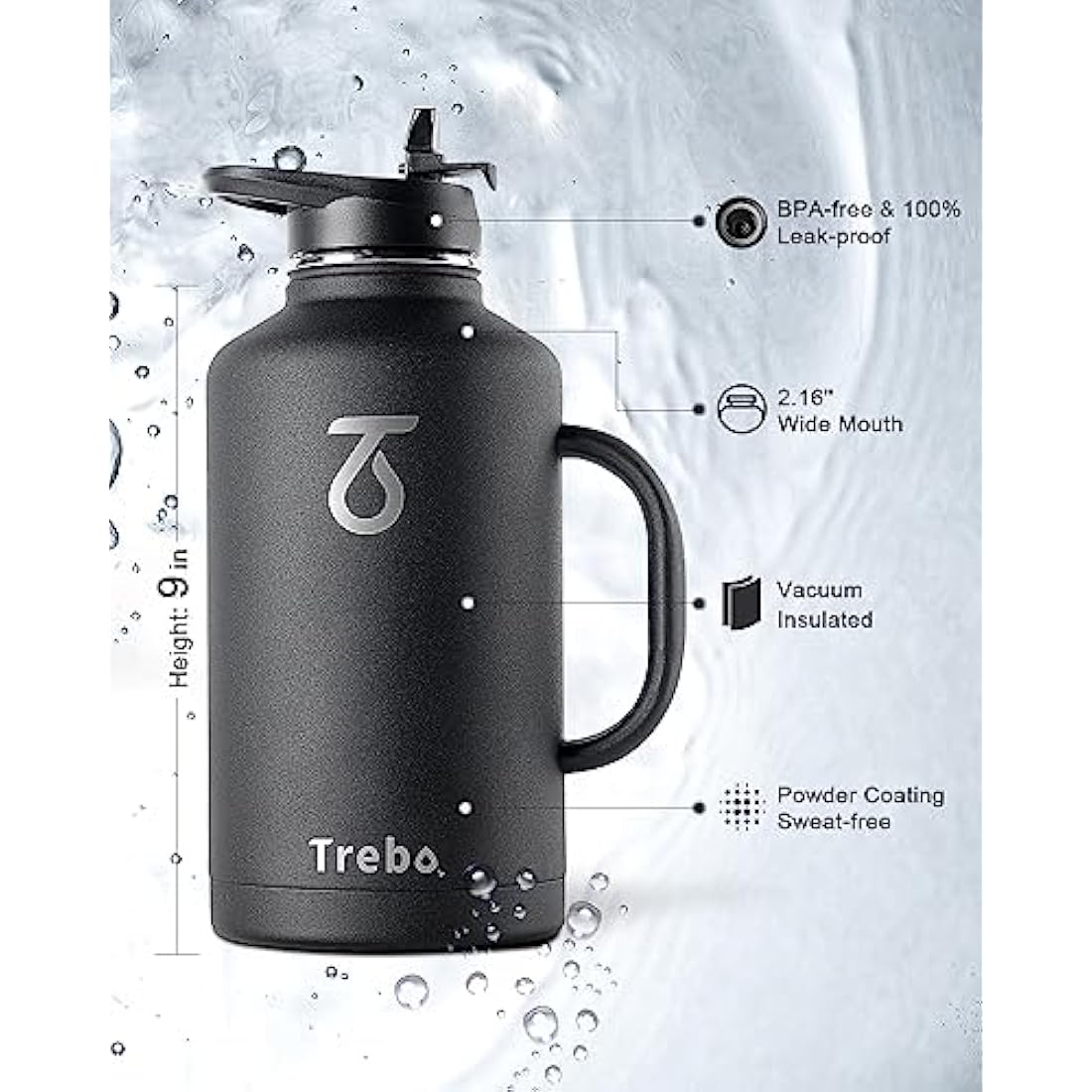 Trebo 2L Insulated Stainless Steel Water Bottle | 48H Cold – Black