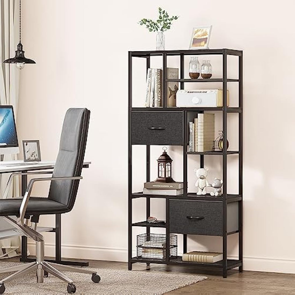 YITAHOME 7-Tier Industrial Bookshelf with 2 Drawers | Black Steel Frame