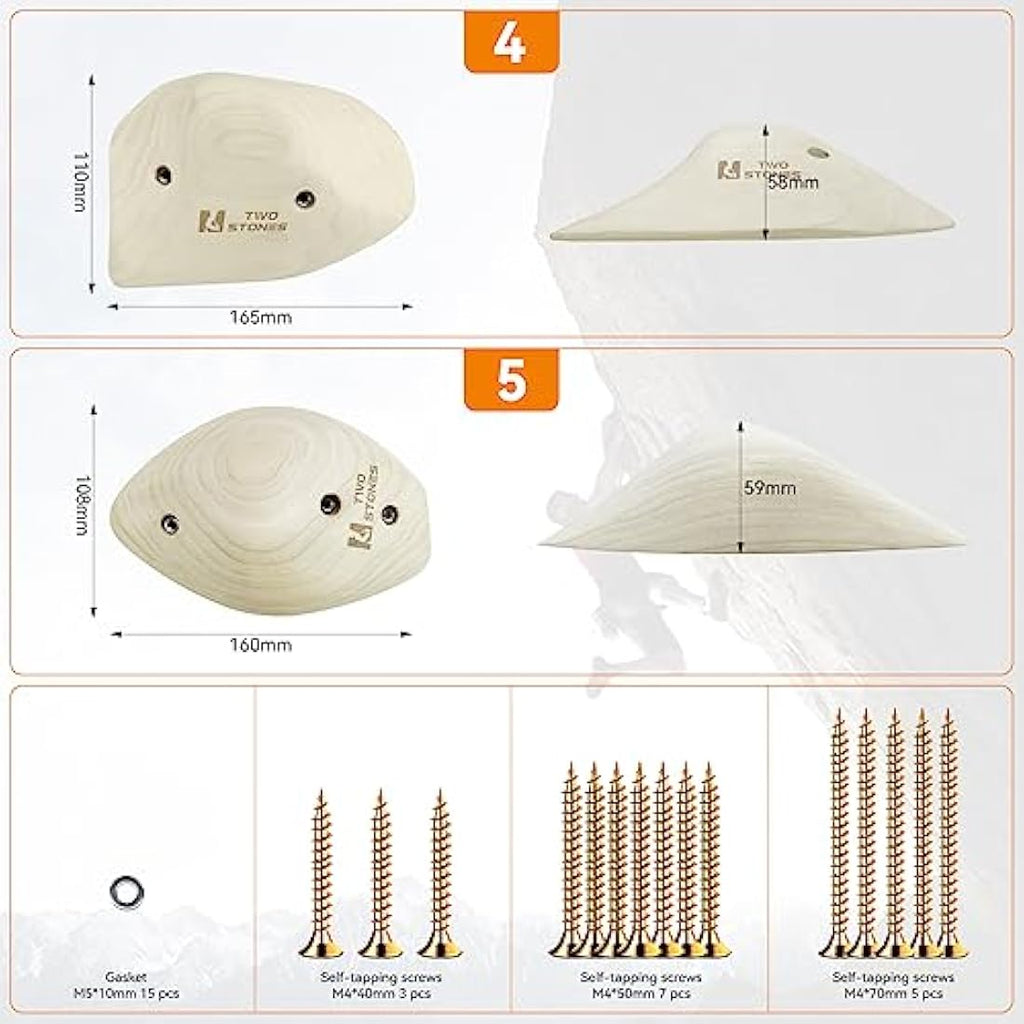 Two Stones Wooden Rock Climbing Holds Set with Mounting Hardware