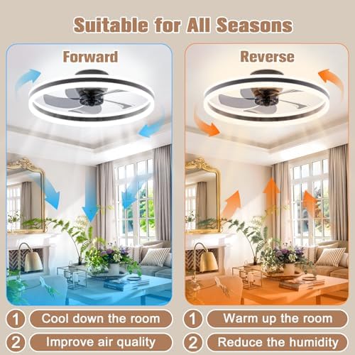 VOLISUN 60cm Smart Ceiling Fan with Lights - 6-Speed Dimmable LED, Black