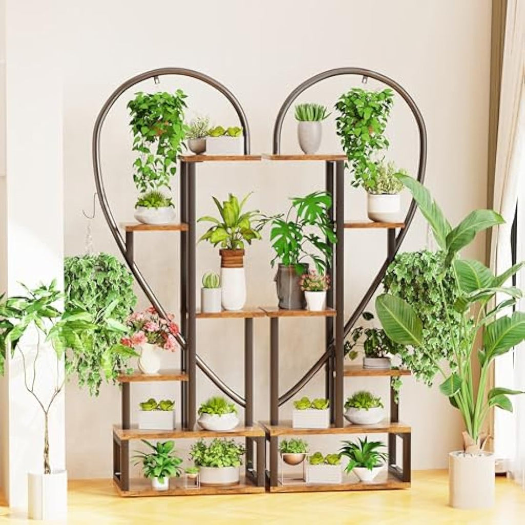 unho 6-Tier Heart Shaped Plant Stand – Tall Wood and Metal Flower Rack