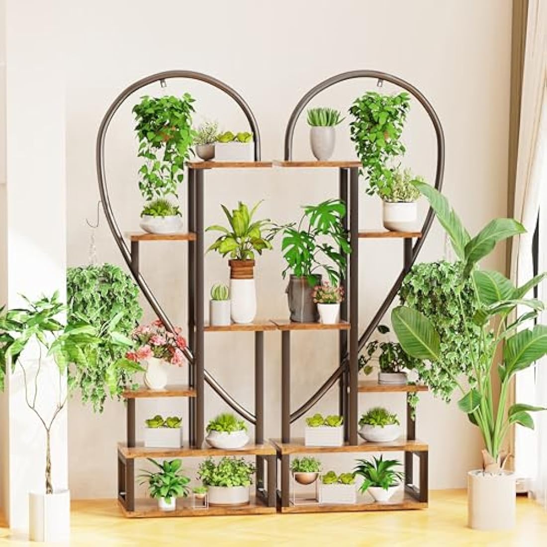 unho 6-Tier Heart Shaped Plant Stand – Tall Wood and Metal Flower Rack