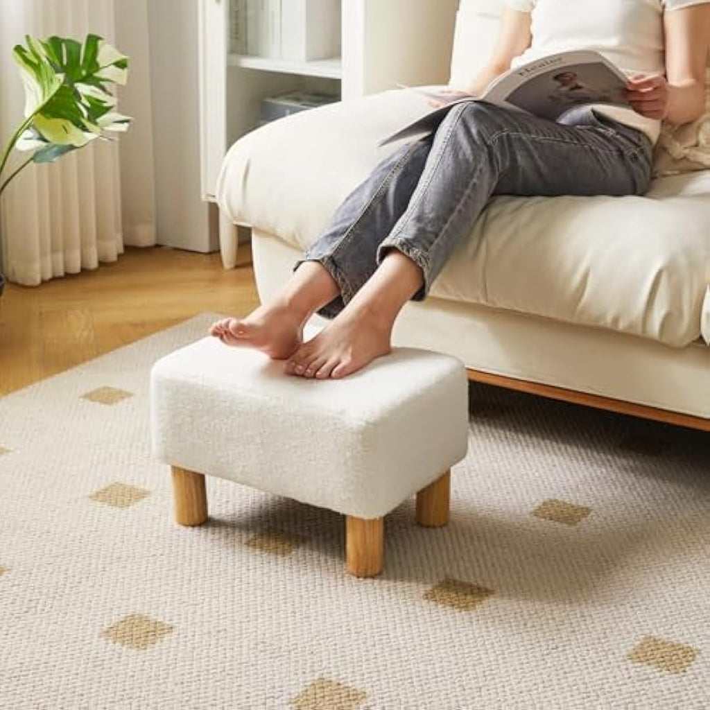 YMYNY Teddy Fleece Footstool | Rectangle Ottoman with Wooden Legs