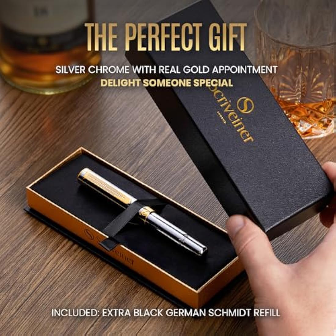 Scriveiner Silver Chrome Fountain Pen | Fine Schmidt Nib Gold Plated