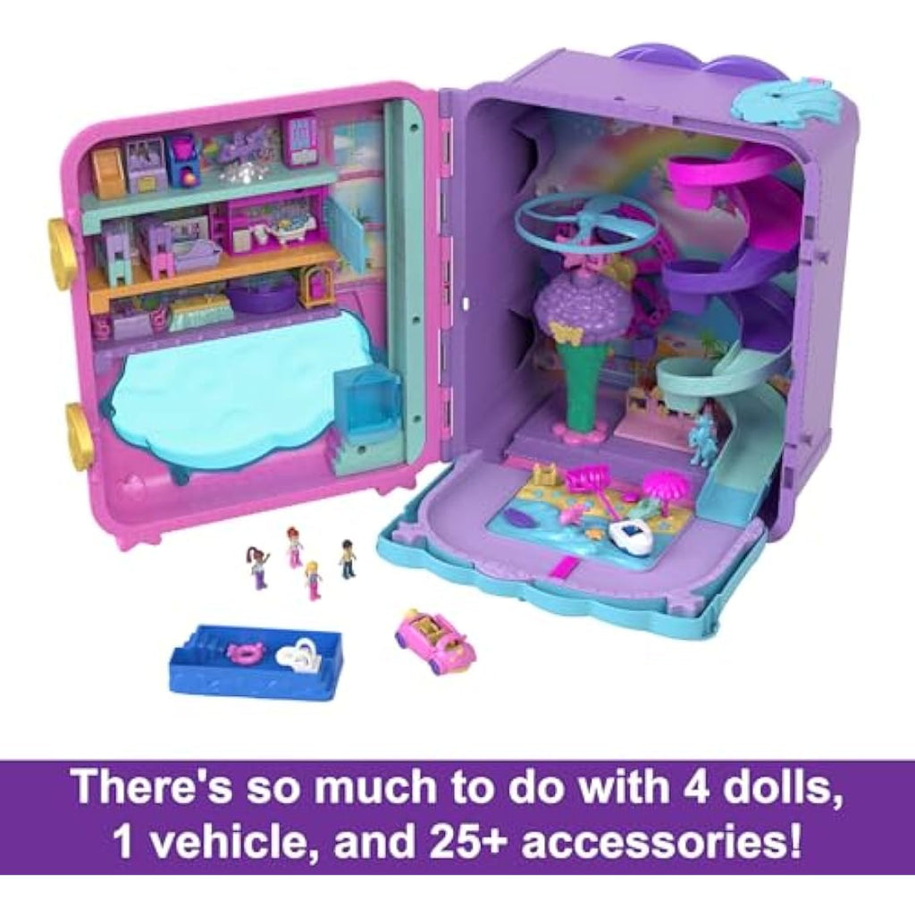 Polly Pocket Pollyville Resort Roll Away Playset with 4 Dolls & 30 Pieces