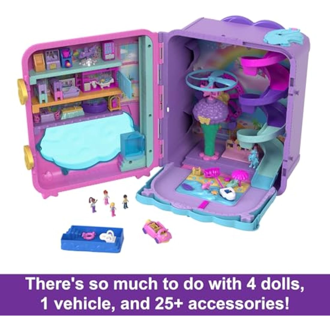 Polly Pocket Pollyville Resort Roll Away Playset with 4 Dolls & 30 Pieces