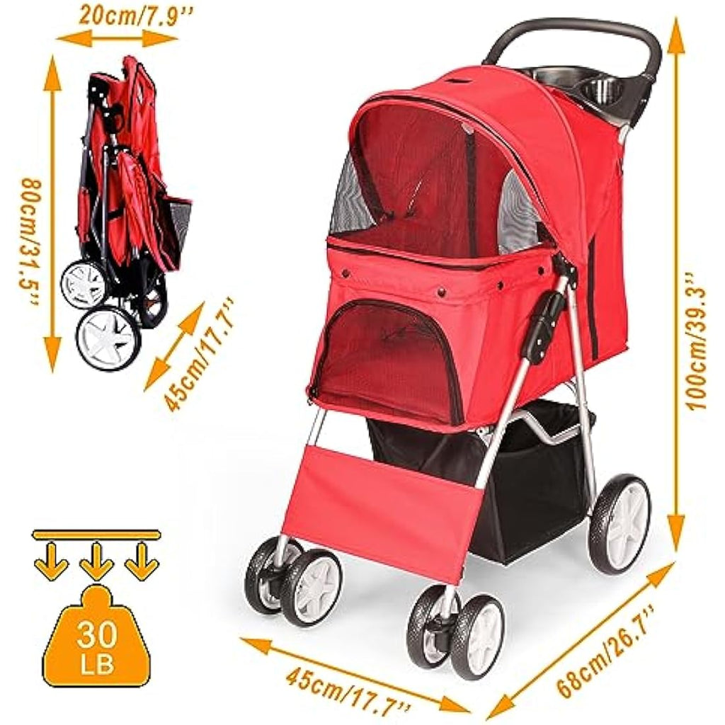 Display4top 4-Wheel Pet Travel Stroller - Foldable Dog & Cat Buggy, Red