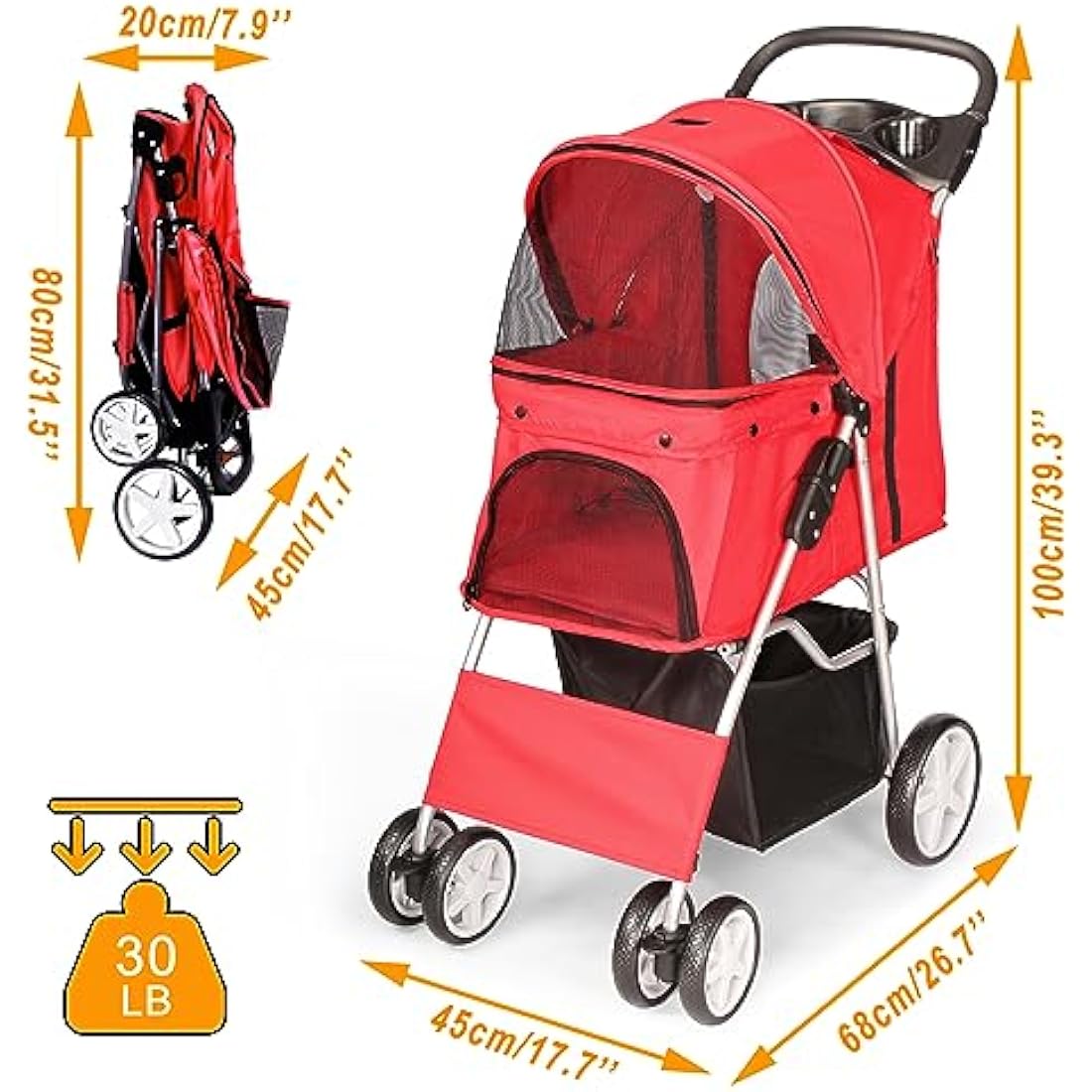 Display4top 4-Wheel Pet Travel Stroller - Foldable Dog & Cat Buggy, Red