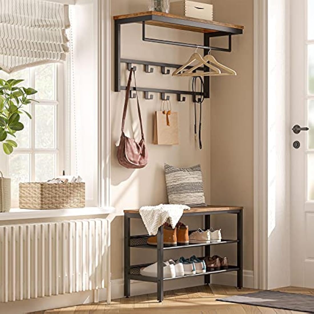 HOOBRO Wall-Mounted Coat Rack with 10 Hooks and Shelf – Rustic Brown