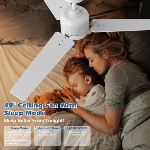 Newday 48" White Ceiling Fan with Dimmable LED Light and Remote Control