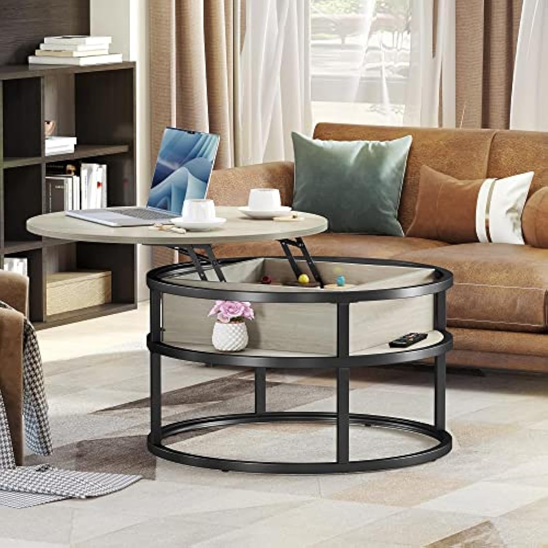 YITAHOME Round Lift Top Coffee Table with Hidden Storage - White Oak