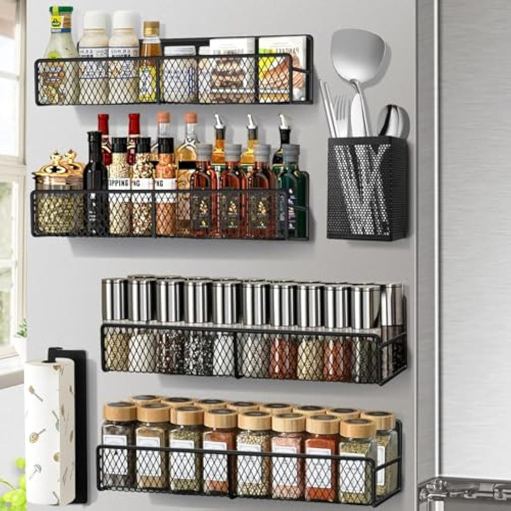Kmise 6-Piece Magnetic Spice Rack for Fridge – Black Metal Organizer