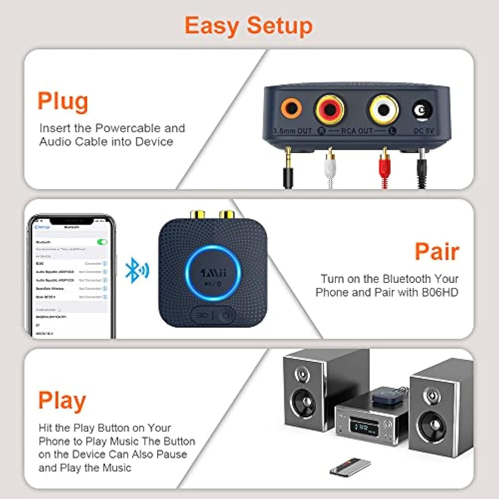 1Mii B06HD Bluetooth 5.1 Receiver | HiFi aptX HD Audio Adapter with RCA