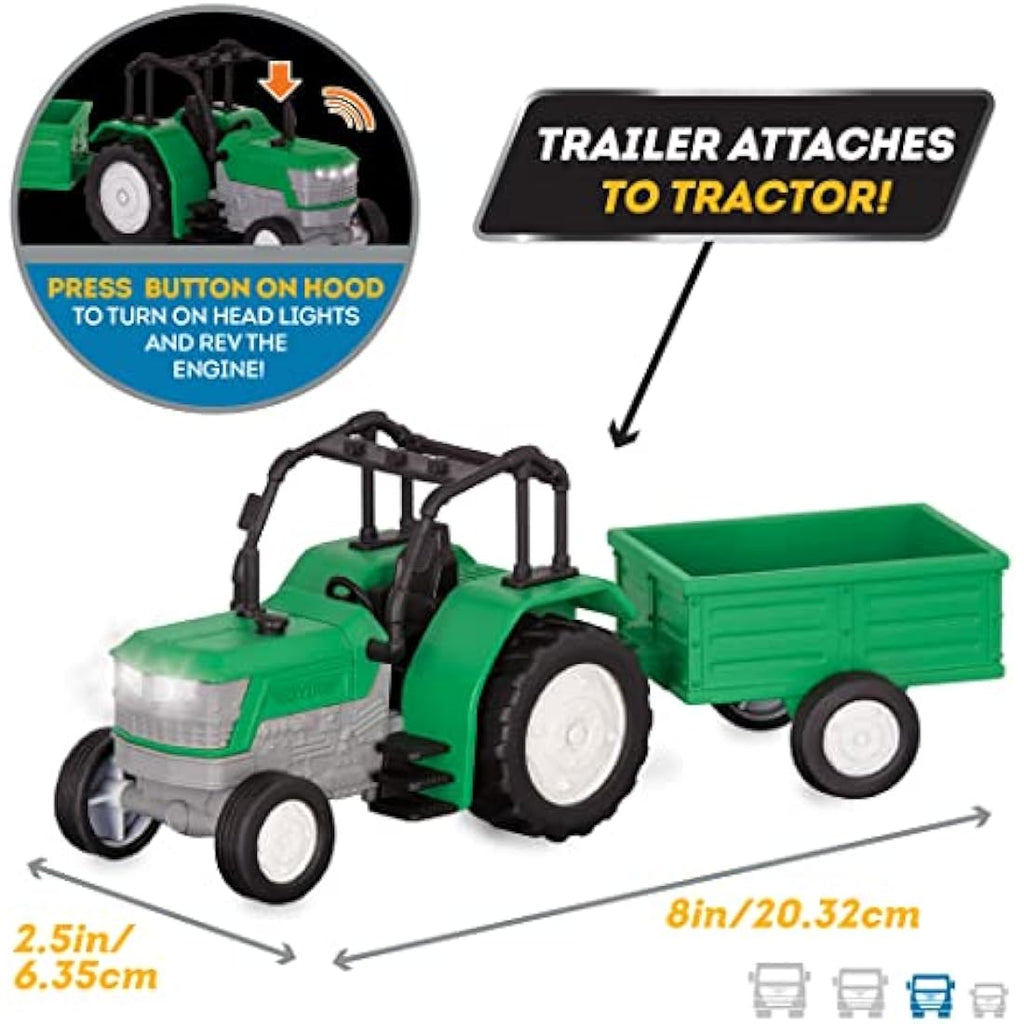 Driven Green Micro Toy Tractor with Trailer, Lights and Sound - 2pc