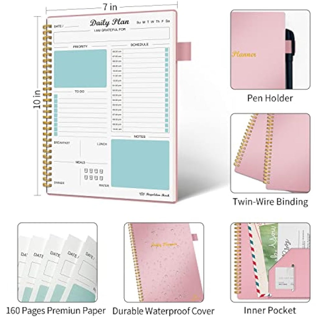 Regolden-Book Undated Daily Planner & To Do List Notebook, 7x10, Pink