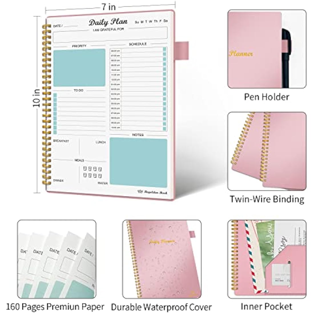 Regolden-Book Undated Daily Planner & To Do List Notebook, 7x10, Pink