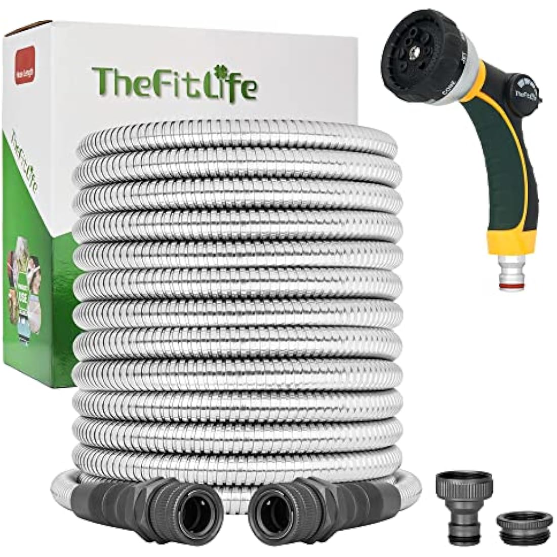TheFitLife 22m Metal Garden Hose – 304 Stainless Steel with 8-Pattern Nozzle