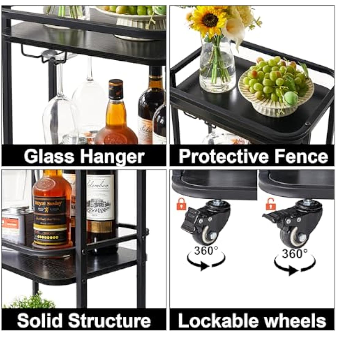 IBUYKE 3-Tier Rolling Bar Cart – Rustic Brown Kitchen Serving Trolley