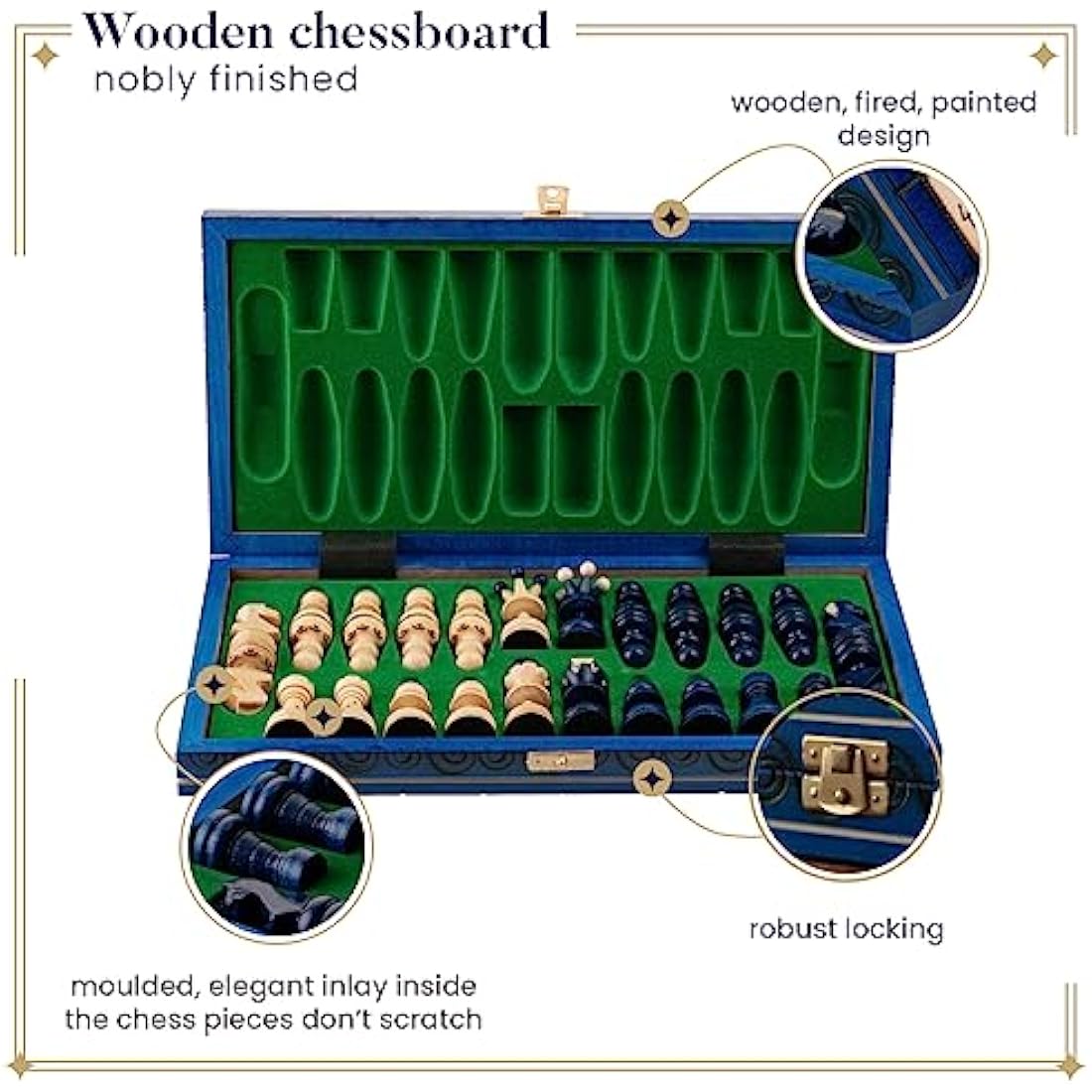 Handmade Wooden Chess Set – 13.8in Blue Portable Travel Board