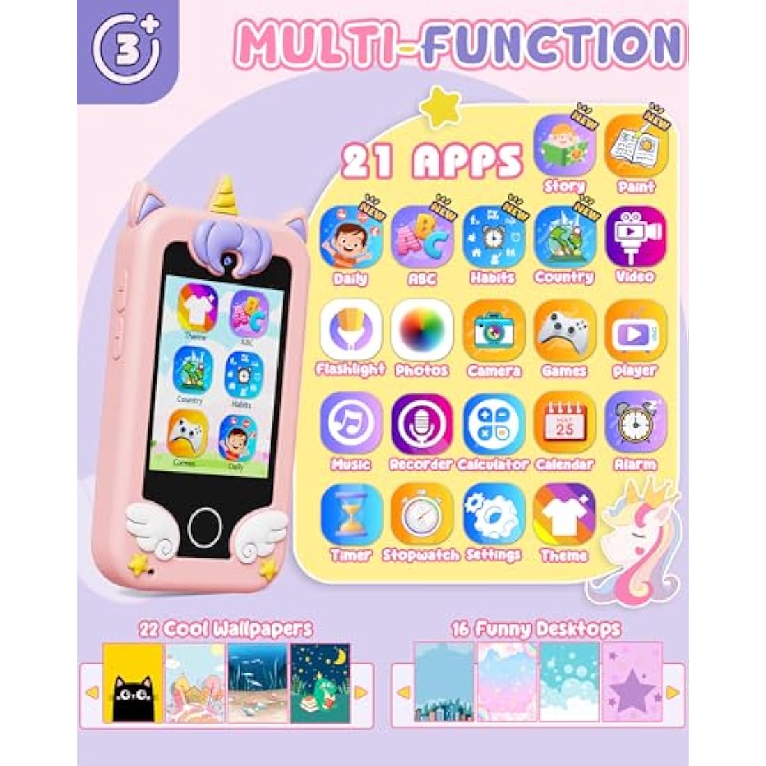 UCIDCI Kids Smart Phone Toy | Dual Camera & MP3 Player for Ages 3-7