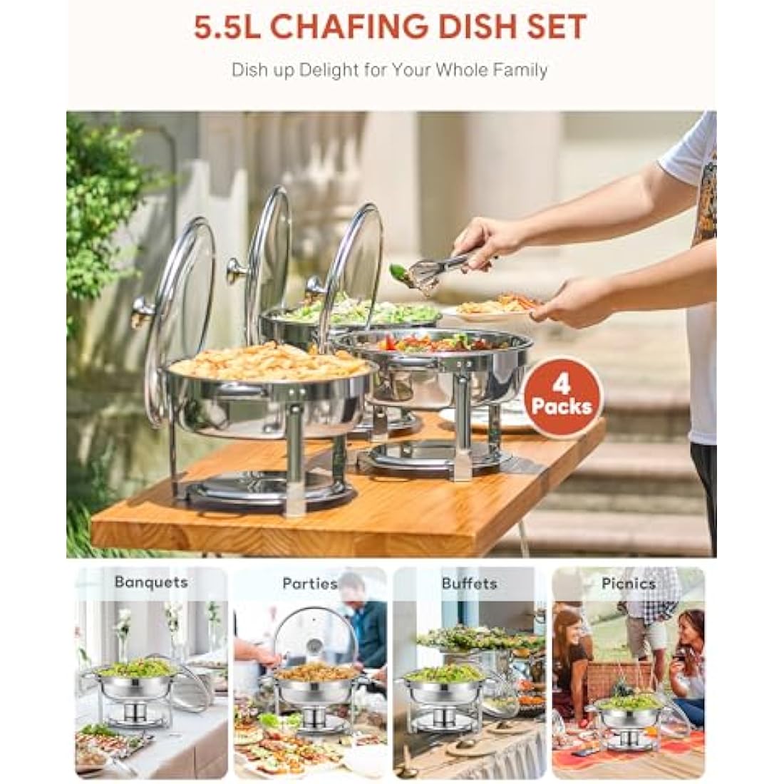 Wilprep 4 Pack Chafing Dish Buffet Set | 5.5L Stainless Steel Food Warmers