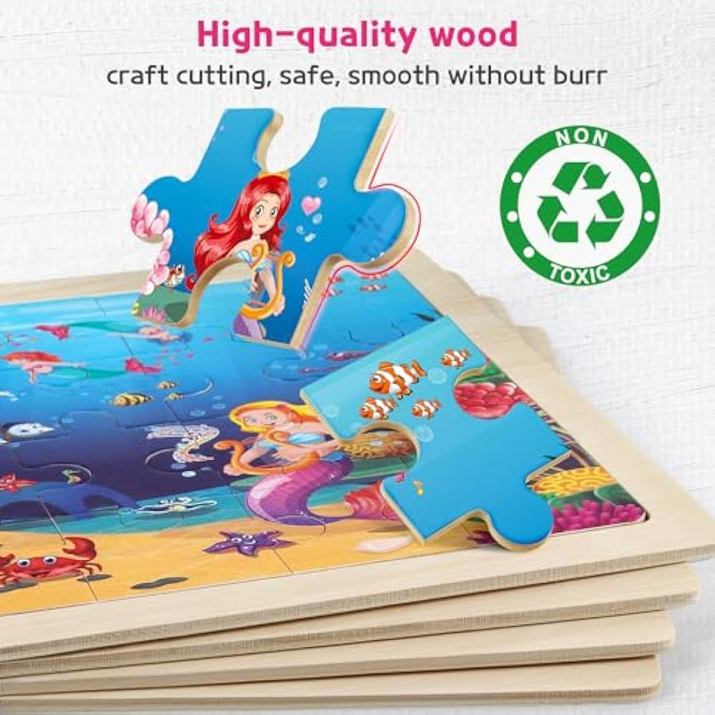 Wooden Jigsaw Puzzles for Kids - 4 Pack Unicorn & Mermaid