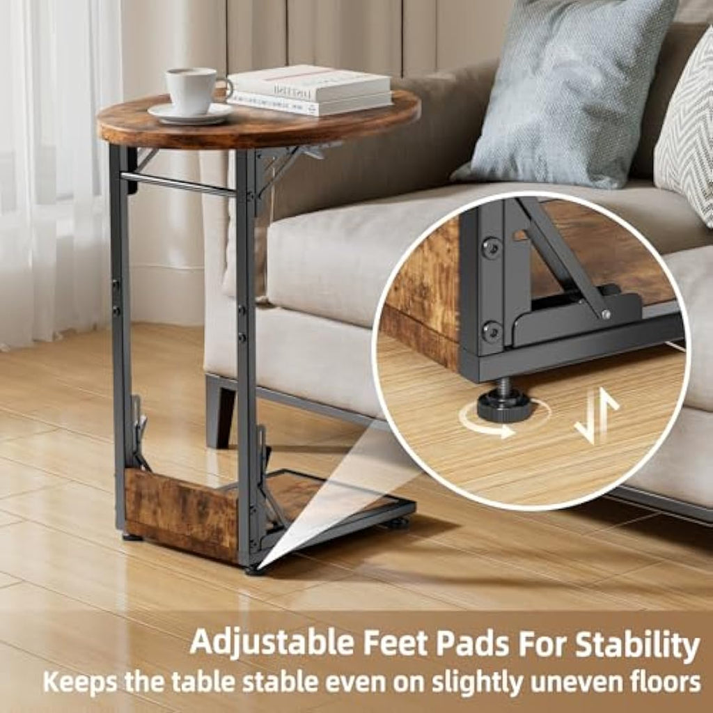 Mutool Foldable C Shaped Side Table | Rustic Round Sofa End Table