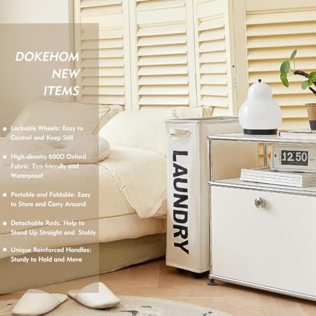 DOKEHOM Slim Rolling Laundry Basket | 25-Inch Collapsible Hamper - Beige