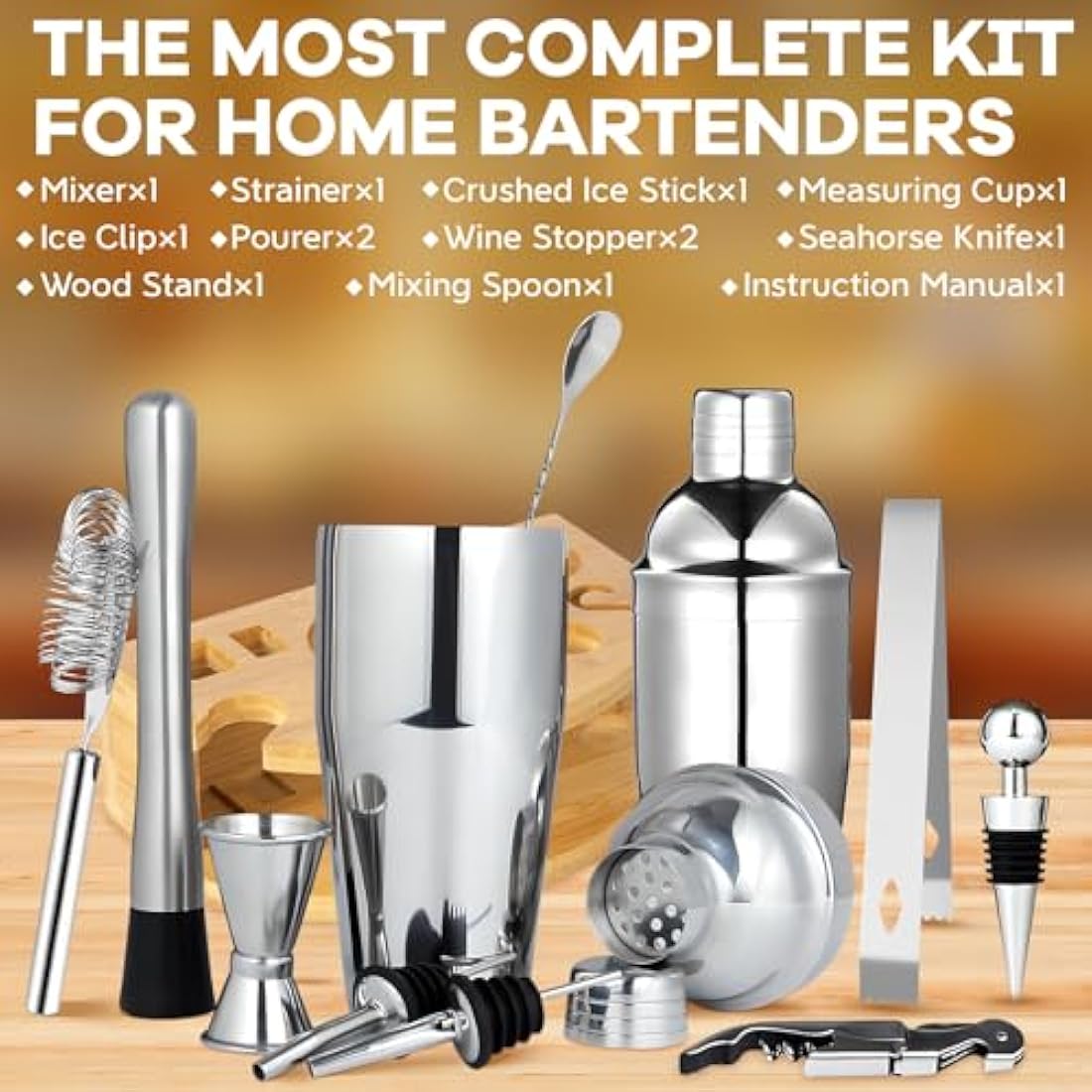 12-Piece Stainless Steel Cocktail Shaker Set with Stand