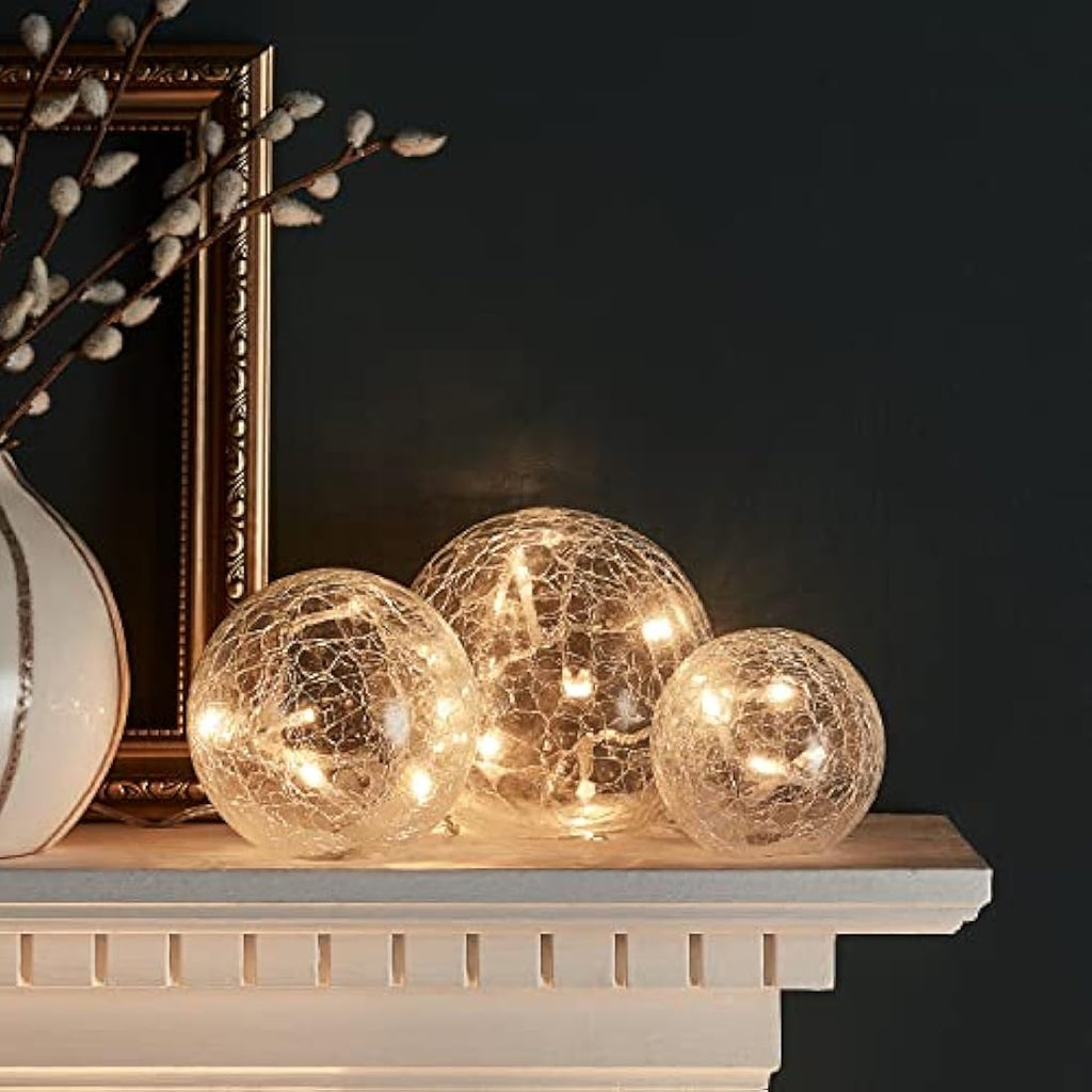 Set of 3 Crackled Glass LED Orbs – Warm White Battery Lights