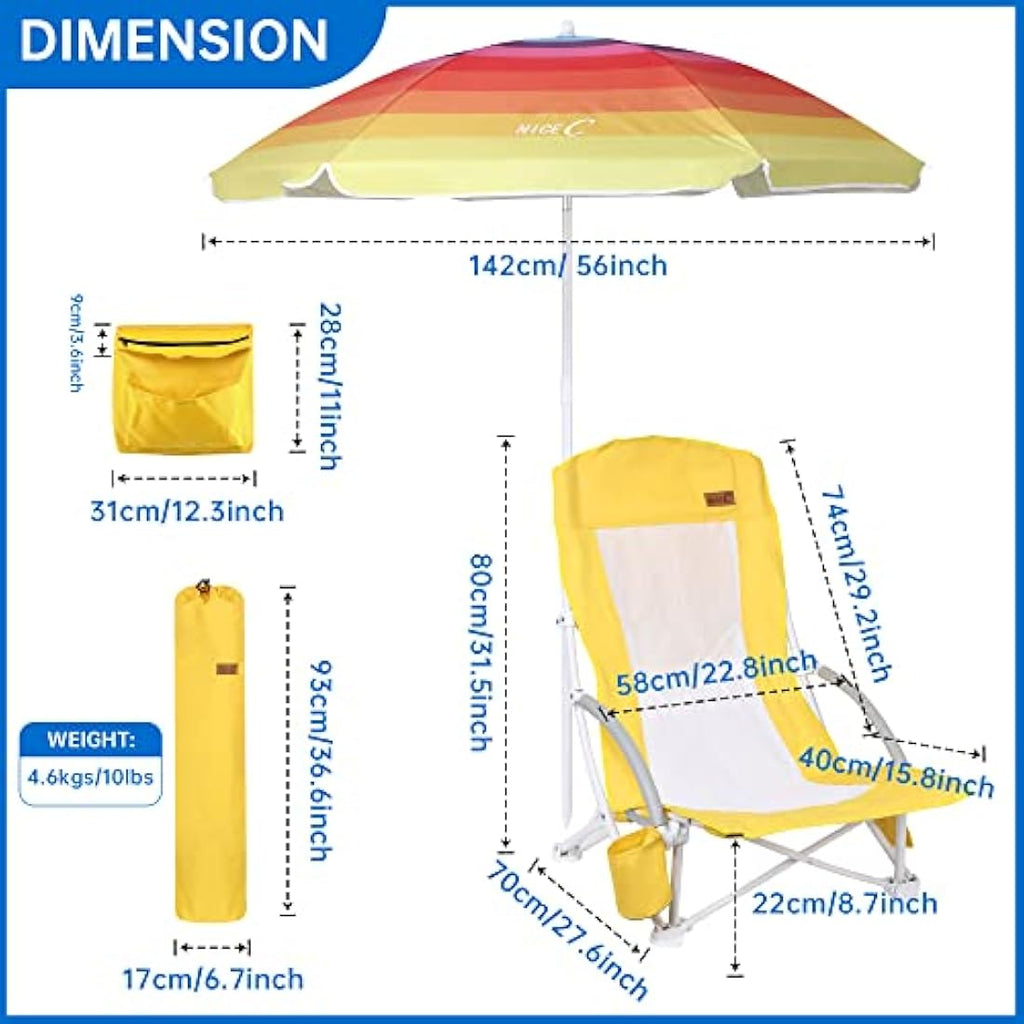 Nice C High Back Beach Chair with UPF 50 Umbrella and Cooler Bag – Yellow