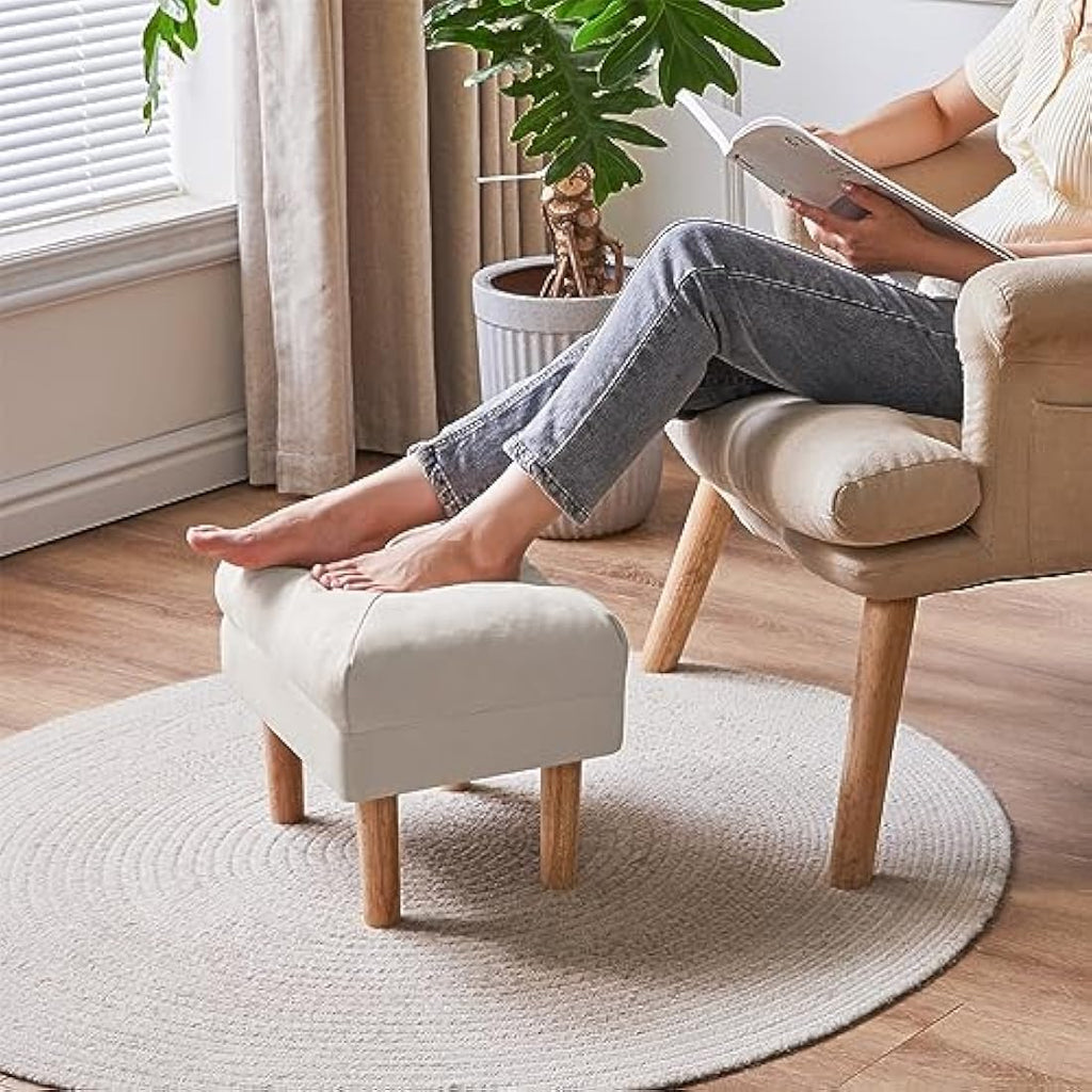 YMYNY Small Ottoman Footstool | Padded Beige Wooden Shoe Stool