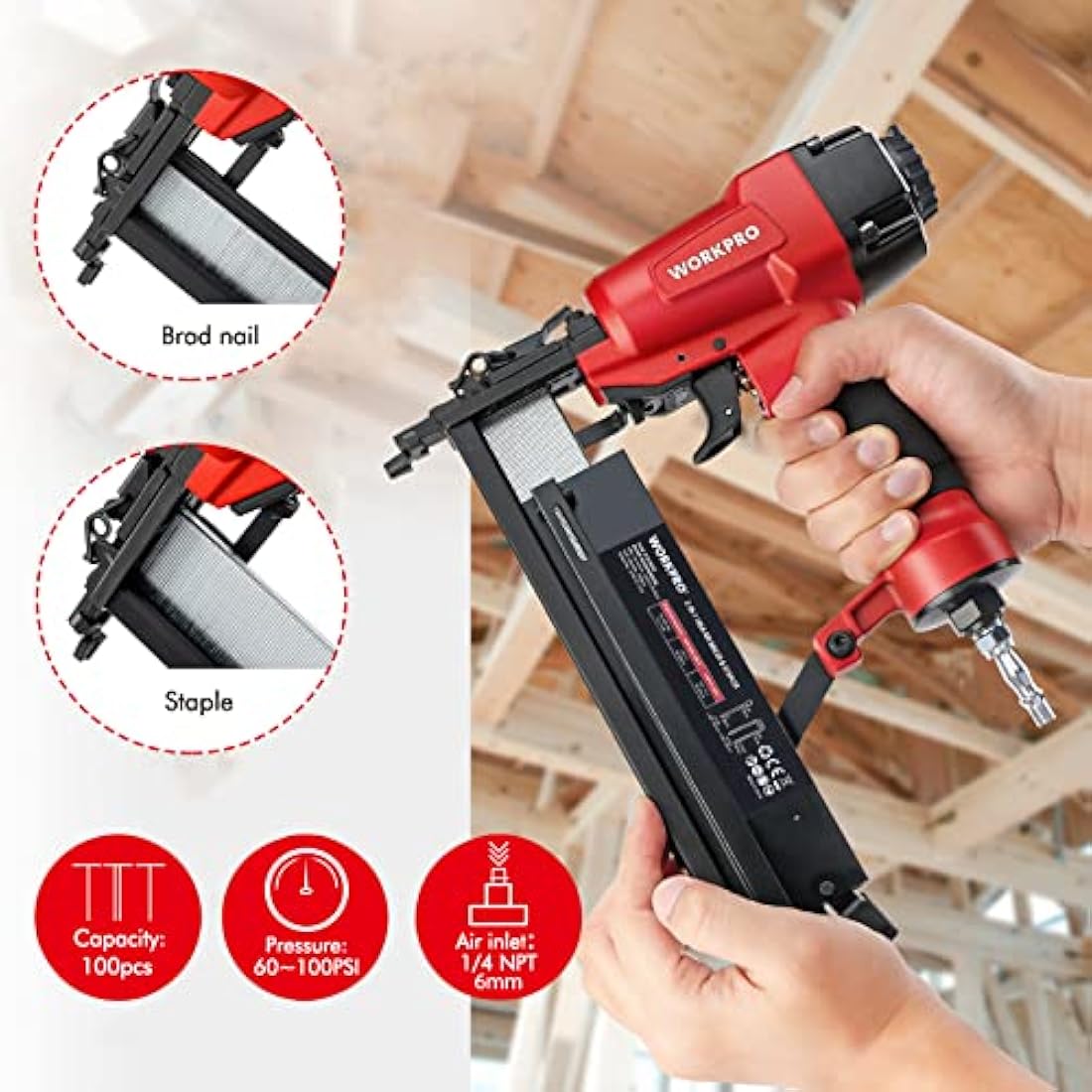 WORKPRO 2-in-1 Air Brad Nailer & Stapler | 18G Pneumatic Aluminum Gun