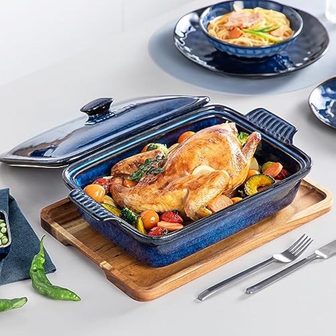 vancasso Starry 3.8 Qt Ceramic Casserole Dish with Lid | 9x13 Blue Stoneware