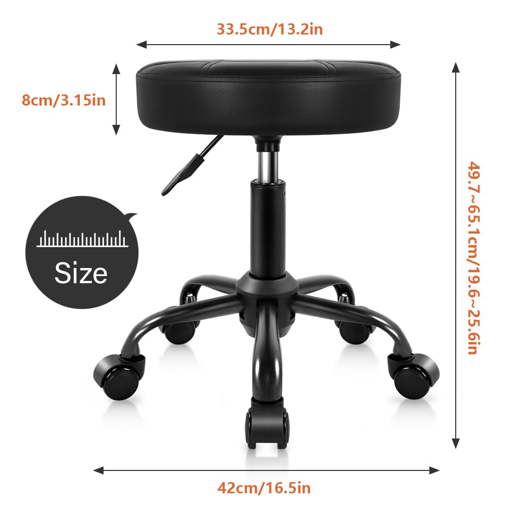 KKTONER Rolling Stool Chair PU Leather Height Adjustable Round Stool with Wheels Chair for Salon Spa Drafting Small Black