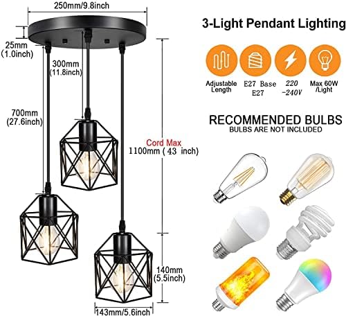 Industrial 3-Light Cage Pendant Lamp – Black Geometric