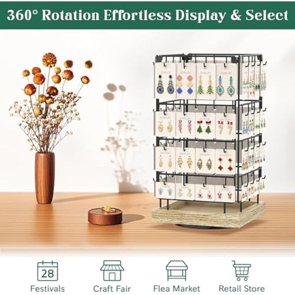 EsLuker.ly Rotating Earring Display Stand | 64 Hook Jewelry Rack with Wood Base