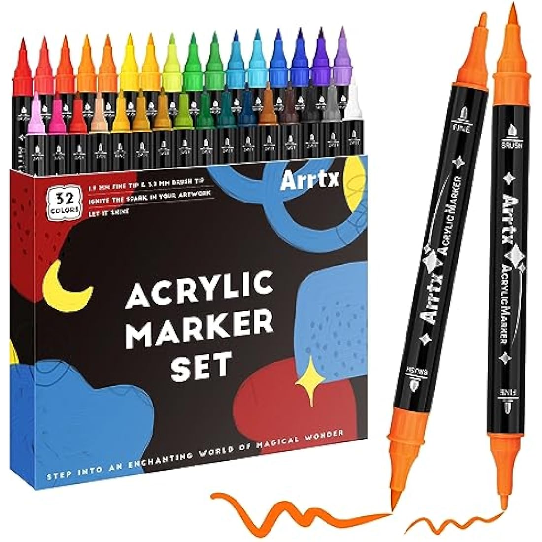 Arrtx 32 Colors Acrylic Paint Pens | Dual Tip Brush & Fine Markers
