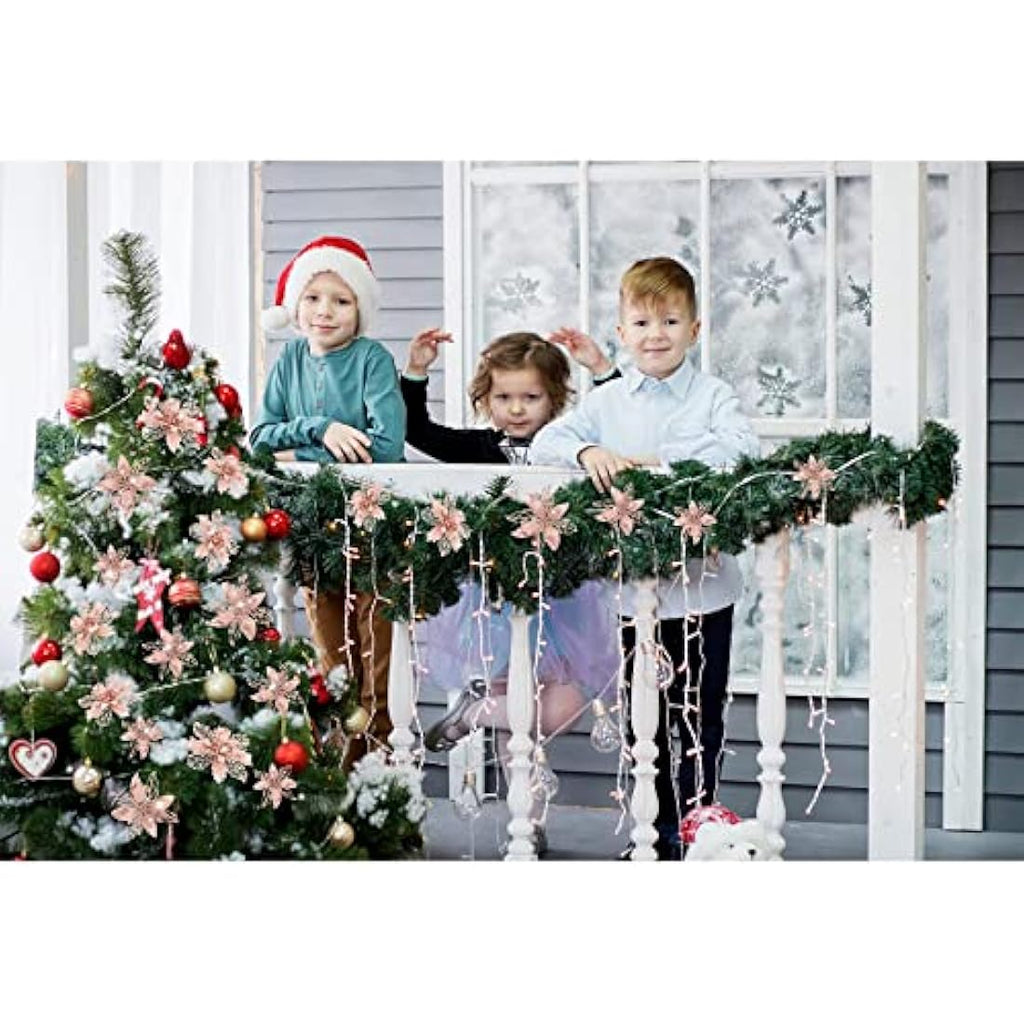 Jolof Store Rose Gold Glitter Poinsettia Flowers - 24pc Christmas Ornaments