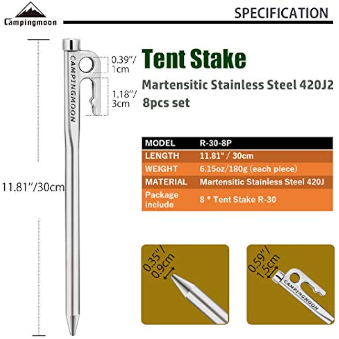 Jolof Store Heavy Duty Stainless Steel Tent Stakes for Camping – 8 Pack