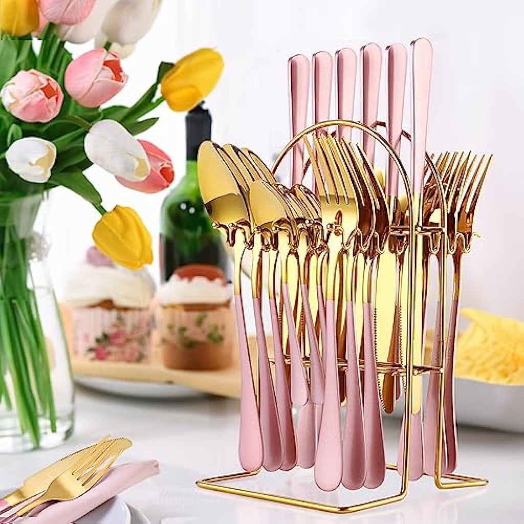 Jolof Store 24-Piece Stainless Steel Flatware Set for 6 – Pink & Gold