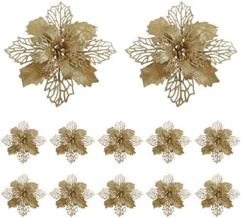Jolof Store 12pcs Glitter Poinsettia Artificial Christmas Flowers – Gold