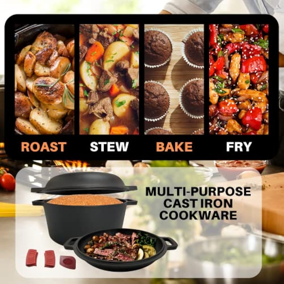 Pinnacle Cookware Pre-Seasoned Cast Iron Dutch Oven and Skillet Lid, 4.7L