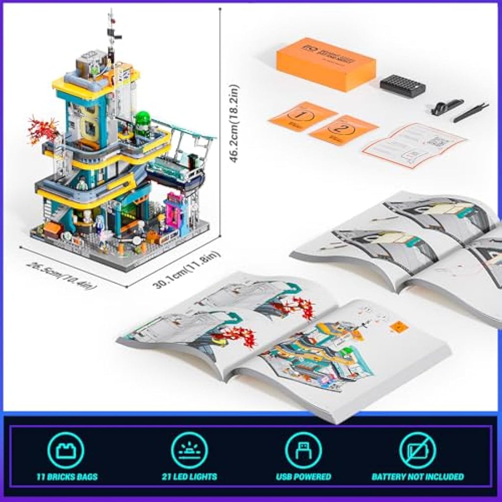 FUNWHOLE Cyberpunk Mansion LED Building Set – 2524 Pcs Modular City