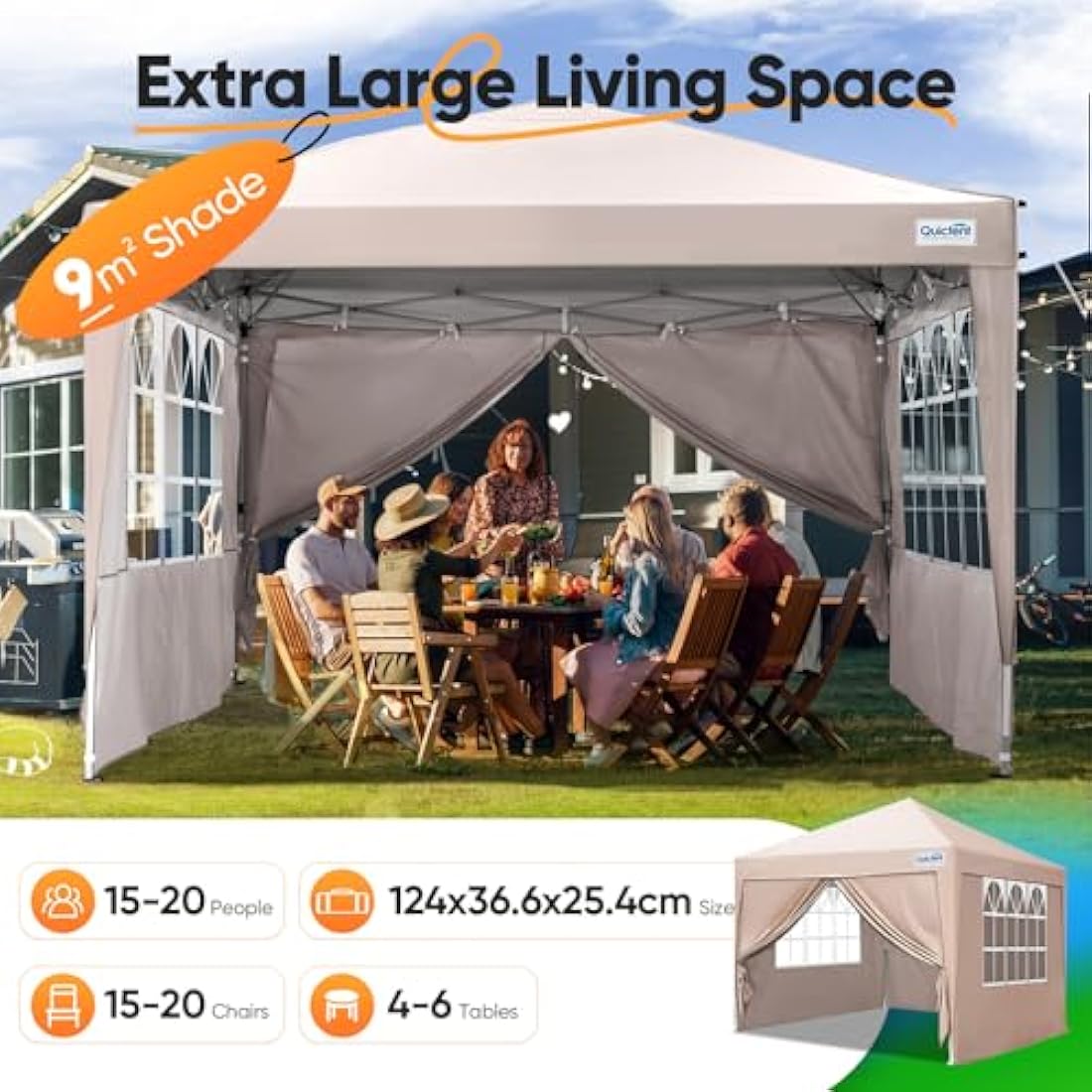 Quictent 3x3m Pop Up Canopy Gazebo with Sidewalls | 10x10ft Beige Tent