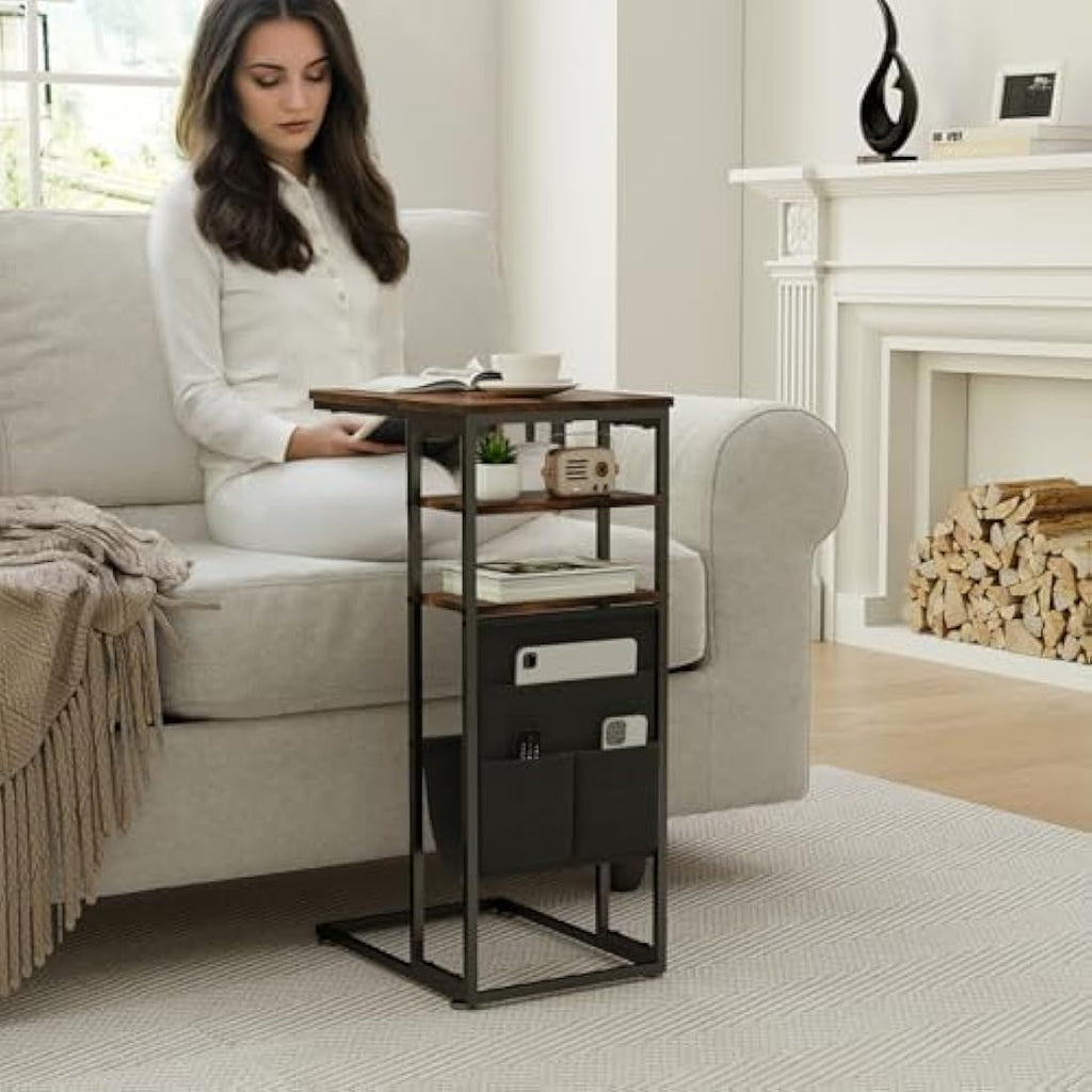 ZEXVIDA C Shaped Side Table – 3-Tier Industrial End Table with Storage