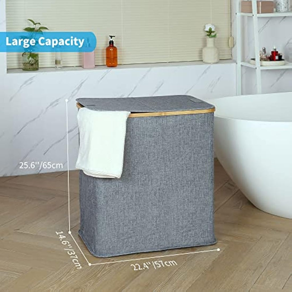 Efluky 140L Large Divided Laundry Hamper with Lid | Bamboo & Linen